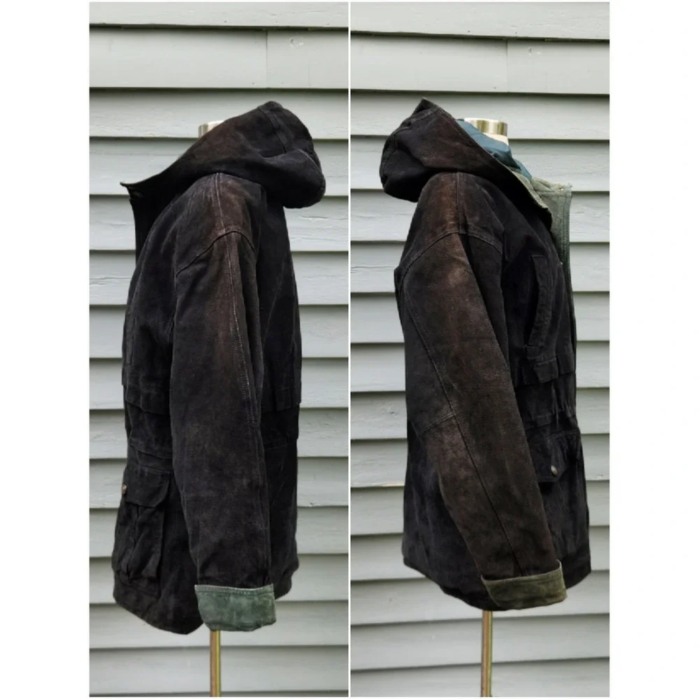 Adventure Bound Wilsons Leather Field Jacket Black Suede Plaid Hooded Mens S